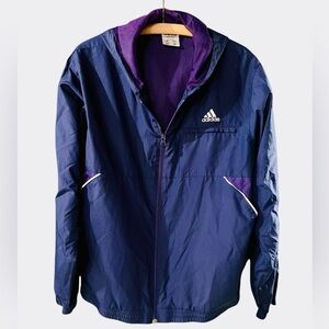 Adidas Track Windbreaker Jacket Y2K Vintage Women’s Sz Lg Navy and Purple Hooded